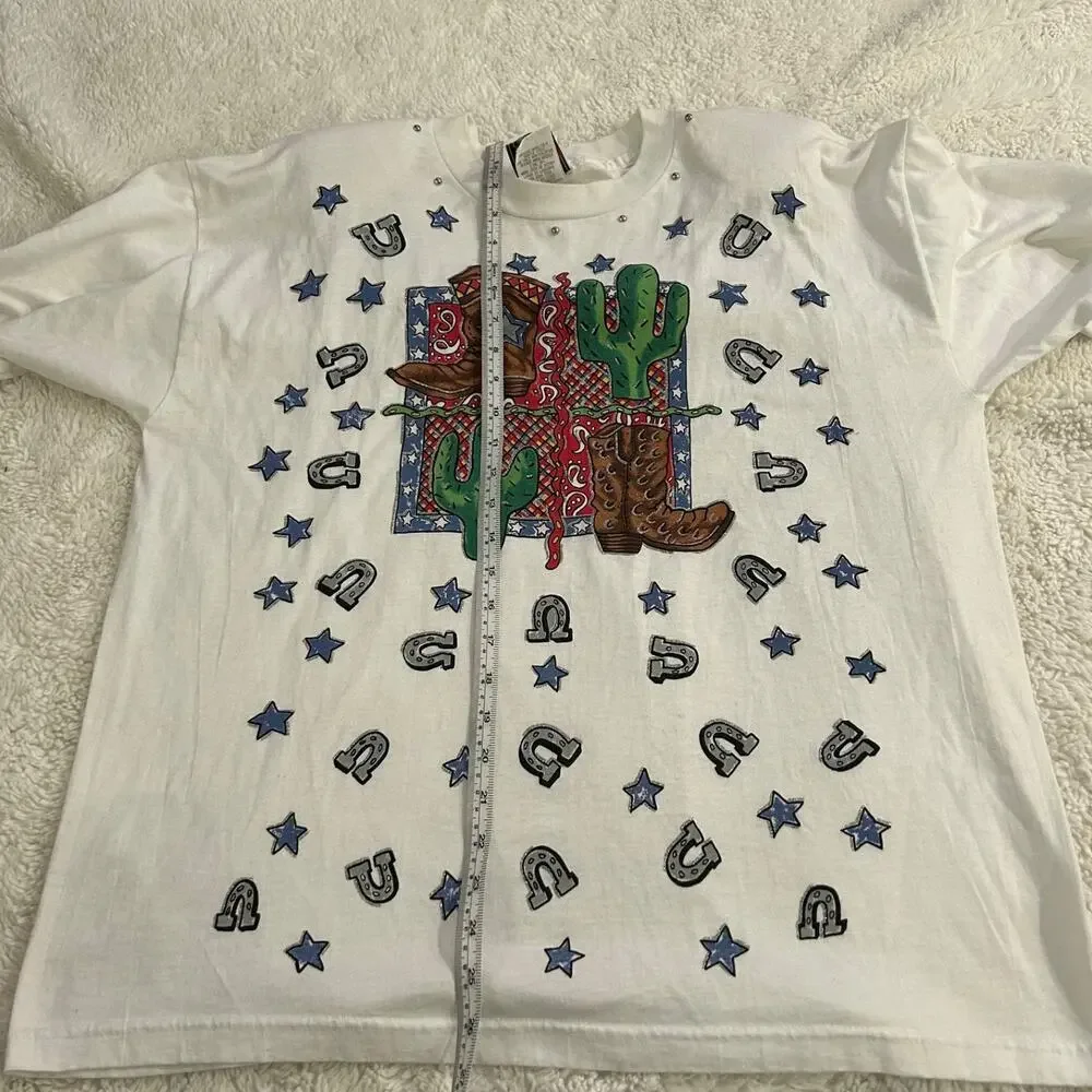 VTG 90's Cowgirl Western Graphic T-Shirt Embellished Made in USA Boho Indie - Picture 7 of 8